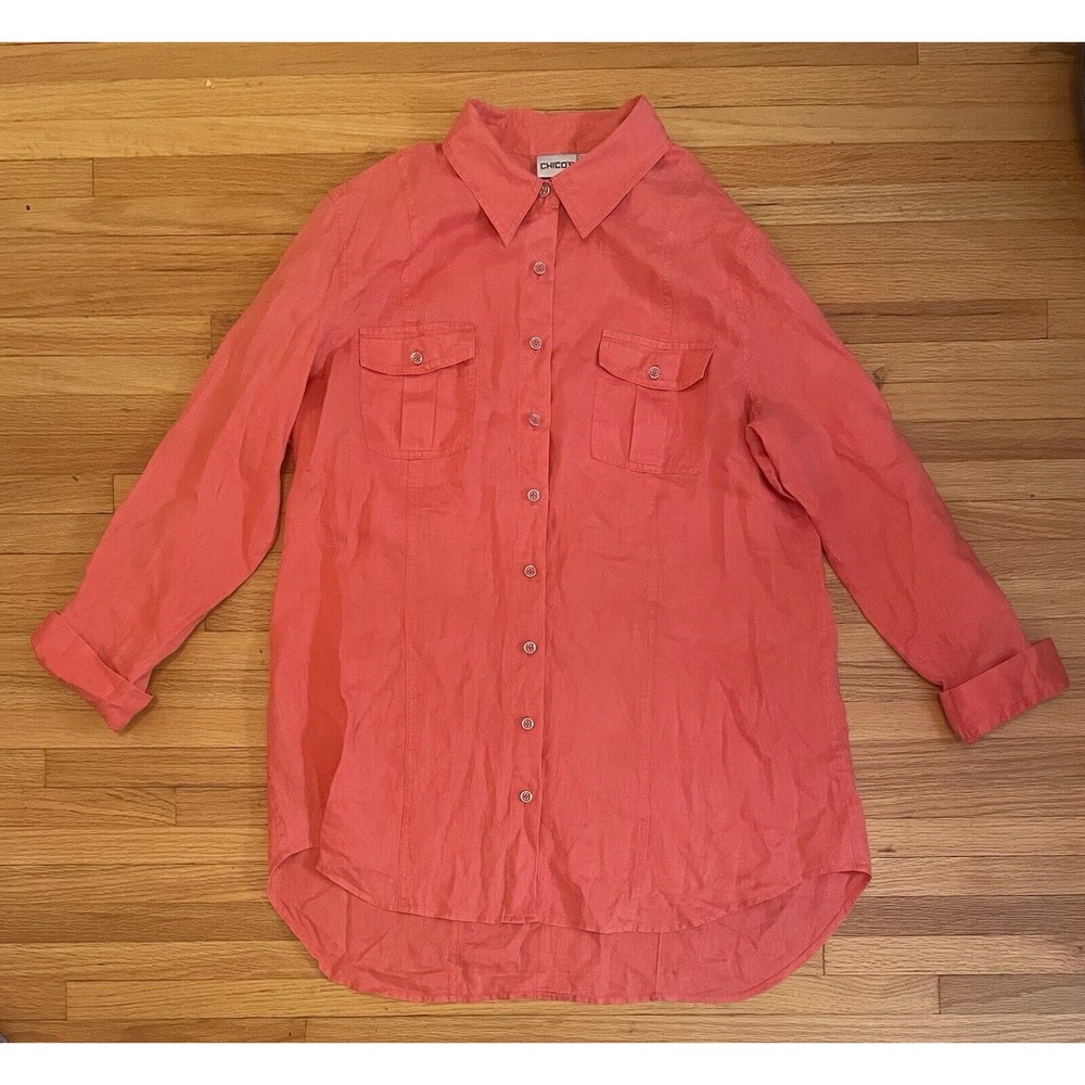 Chico's size 3 Large Linen Button Down Shirt Seamed Back Yoke Back Rollup Sleeve
